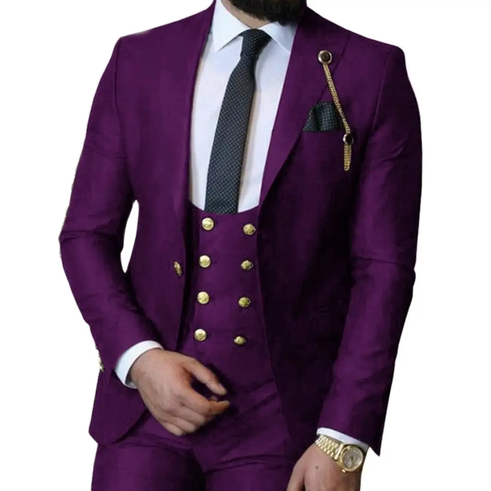 

MyLoddy Wine Red Busness Men's Suits Peaked Lapel Suit(Blazers+Pants+Vest) Custom Made Formal Wedding Suit Solid Elegant Suits