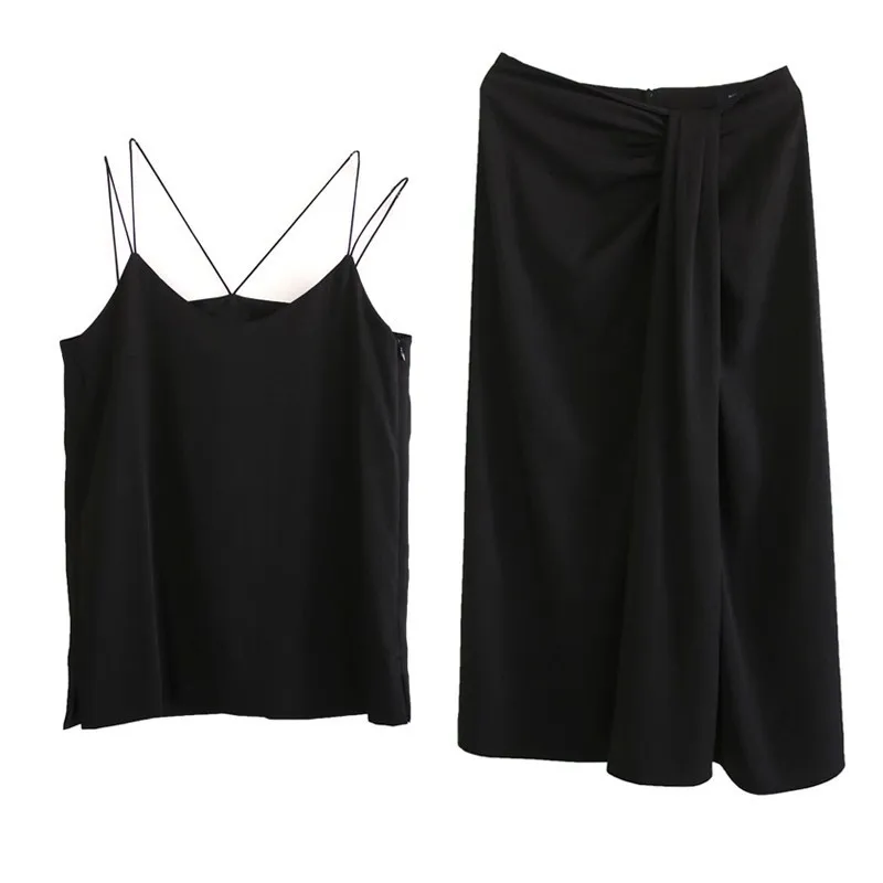 

Foamlina Sexy Women Skirt Suits Summer Two Pieces Set Spahgetti Strap Sleeveless Camis Top and Draped Long Skirt Ladies Outfits