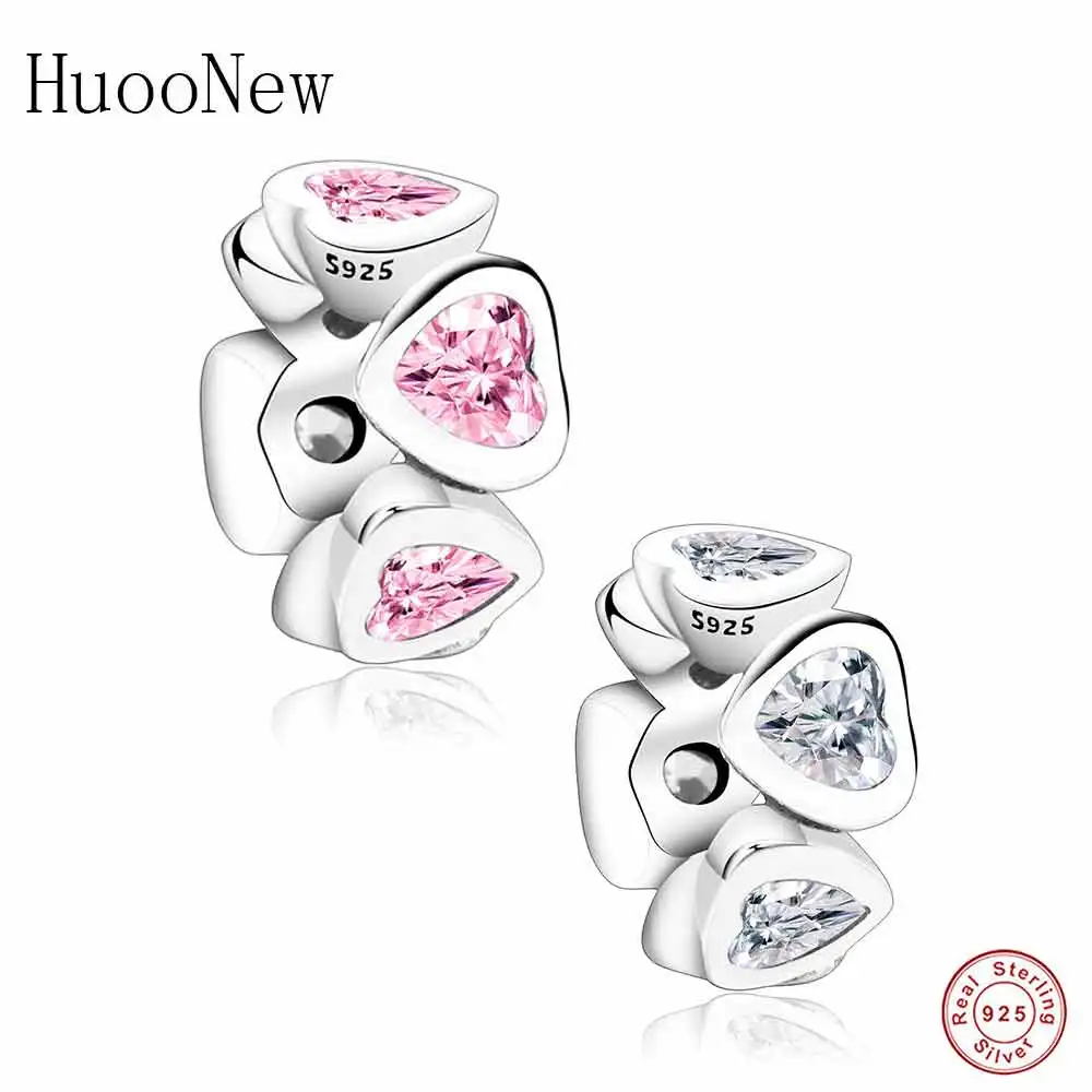

HuooNew Fit Original Brand Charms Bracelets 925 Sterling Silver Pink Zircon Love Heart Beads Spacer Jewelry Making Berloque