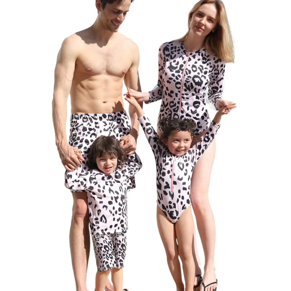 

2021 Leopard Family Matching Swimsuit Women One Piece Mother Daughter Kid Son Girl Child Swimwear Weed Bathing Swim Suit Maillot