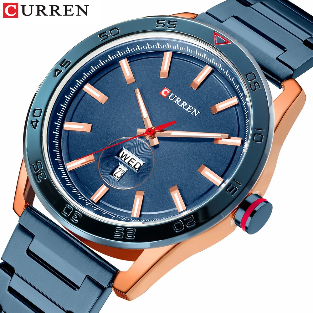 

Новинка 2021 года, синие часы CURREN с простым дизайном, мужские деловые часы, Стальные кварцевые наручные часы, мужские подарки, мужские часы 8331