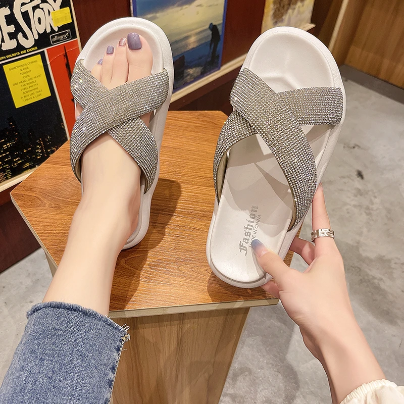 

Crystal Single Strap Slippers Platform Women Sandals Women Rhinestone Summer Women Slippers Open Toe Round Toe Women's Shoes