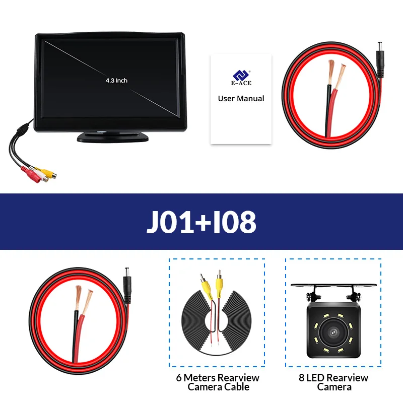 J01-I08 E-ACE, 4,3 дюймов, автомобильный монитор, TFT lcd дисплей, камера заднего вида, парковочная система для камеры заднего вида, HD цифровой цвет - Цвет: J01-I08