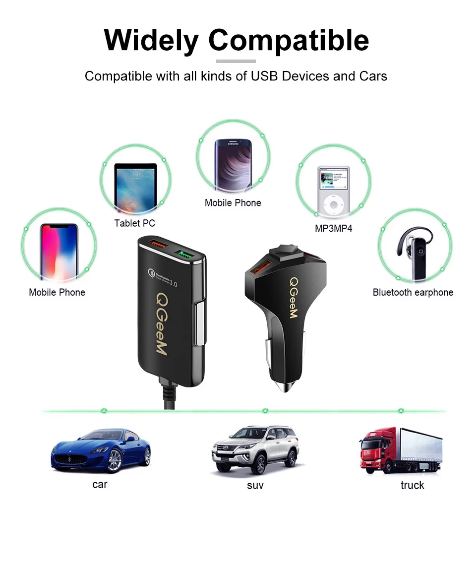 QGEEM 4 USB Автомобильное зарядное устройство для iPhone Quick Charge 3,0 Автомобильное портативное зарядное устройство молоток Передняя Задняя QC3.0 Быстрая зарядка для телефона автомобильное зарядное устройство