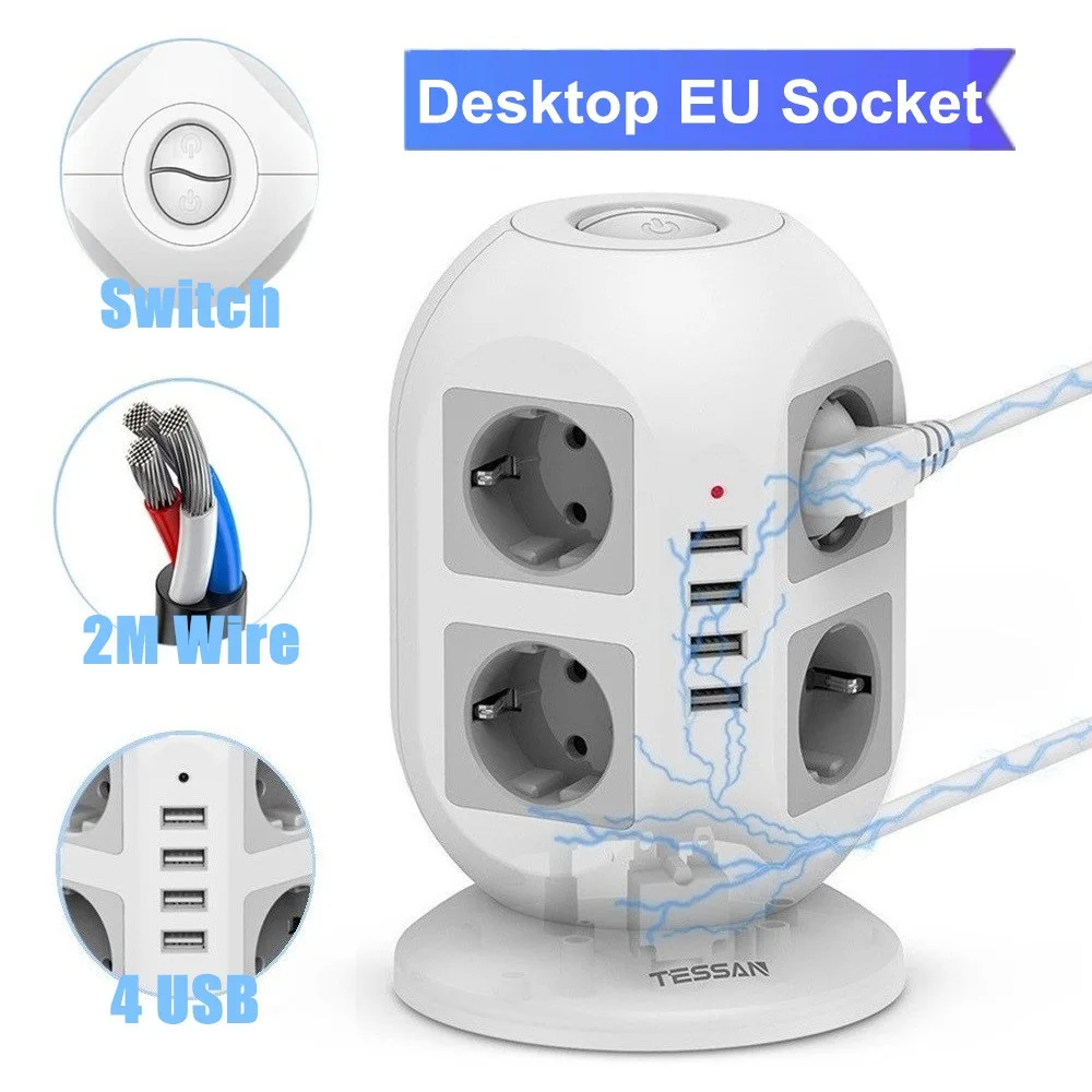 TESSAN-toma de corriente multisalida de escritorio, regleta europea con interruptor de puertos USB y cable de 1,5 M/2M, adaptadores de corriente de la UE