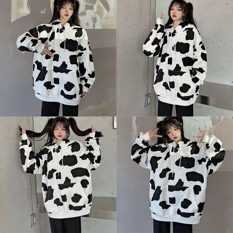 

Autumn And Winter Loose Cow Print Boyfriend Oversized Sweatshirts Korean Lazy Style Long-sleeved Hooded Pullover Women Tops