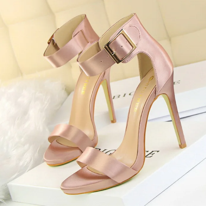 

Silk Heels Sandals Women Shoes Buckle Strip Sandal Sexy Satin Nightclubs with Ultra High Heel Elegant Summer Thin Heel Shoes 43