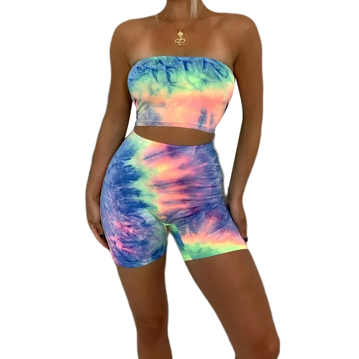 

Tie Dye Two Piece Set Women Strapless Crop Top and Shorts set Elegant Ladies Party Club 2 Piece set Fitness Tracksuit Streetwear