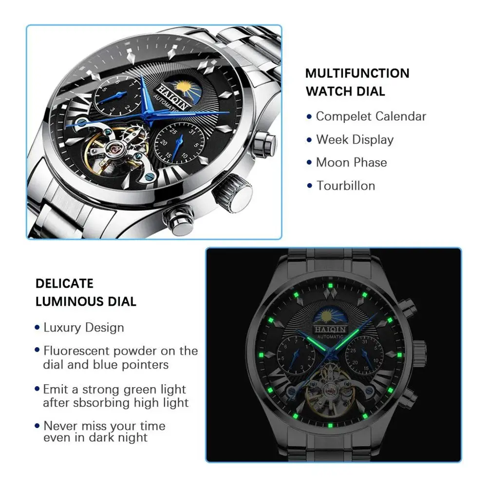 Часы наручные HAIQIN Мужские автоматические брендовые Роскошные Механические