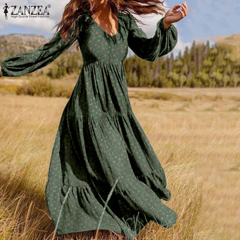 ZANZEA 2022 Stylish Ruffle Maxi Dress Casual Puff Sleeve Tunic Vestidos Female Solid Robe Women's Autumn Sundress