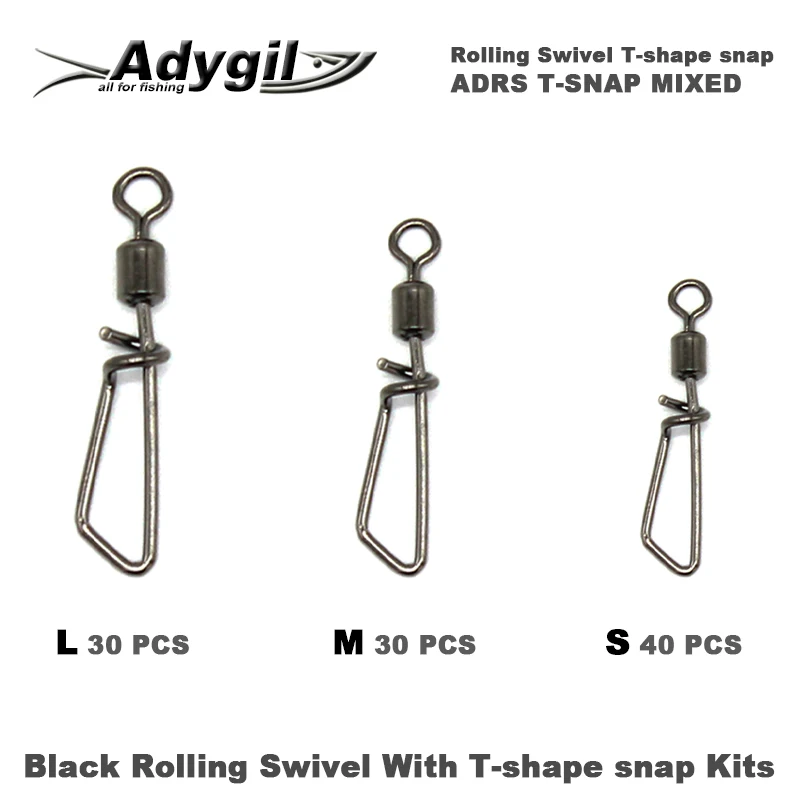 

Adygil Fishing Black Rolling Swivel With T-shape Snap Kits ADRS T-SNAP MIXED #6 #4 #2 100pcs/lot