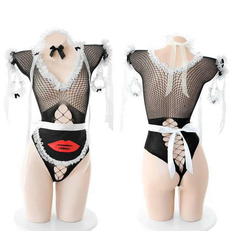 

Erotic lingerie sexy lace soft cute and playful one-piece mesh open file maid tights
