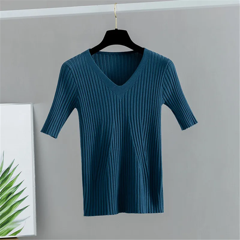 2020 НОВАЯ Трикотажная футболка с v-образным вырезом весенне-летний ребристый