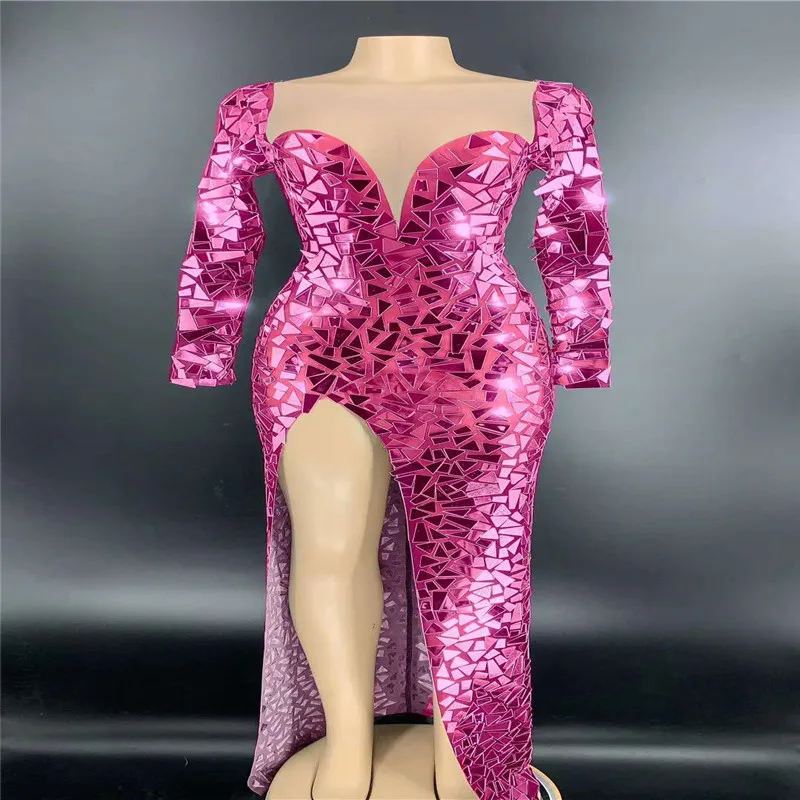 

V64 Catwalk stage costumes silver mirror glass evening dress wedding mesh long sleeve gold stretch skirt one-piece split outfit