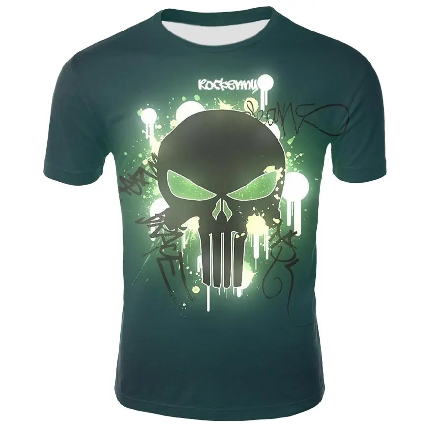 

3D Color T-shirt Fashion Casual T-shirt 3D T-shirt Skull T-shirt Men and Women Green Punisher Pattern Skull T-shirt