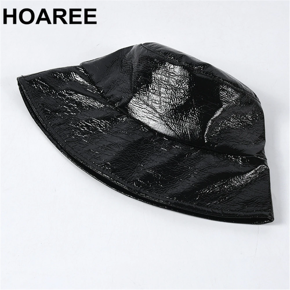 HOAREE Leather Bucket Hat Women Black Pu Female Harajuku Hat Autumn Winter Ladies Brand Solid Casual Fisherman Hat