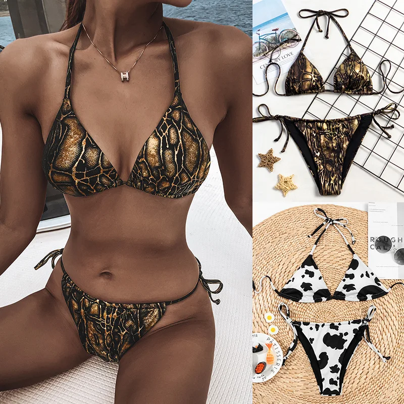 

Sexy Bikini Women's Swimwear 2021 Metallic Pattern Leopard Print Lace up swimsuit 2 Piece Set Summer Clothes Beach Bathing Suit