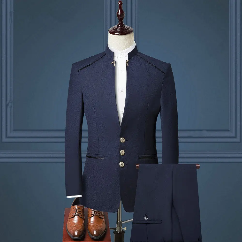 2021 New Design Navy Blue Men Wedding Suits Stand Collar Slim Fit Groom Tuxedos Male Dress Prom Best Man Blazer 2 Pieces Set