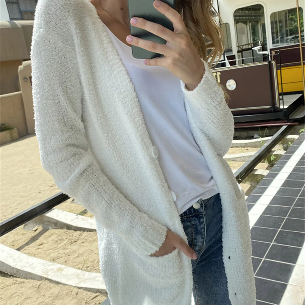 

Fashion Solid Knitted Sweater Casual Winter Loose Long Buttons Coat Pocket Outwear Ladies Female Women Long Sleeve Blusas Jumper