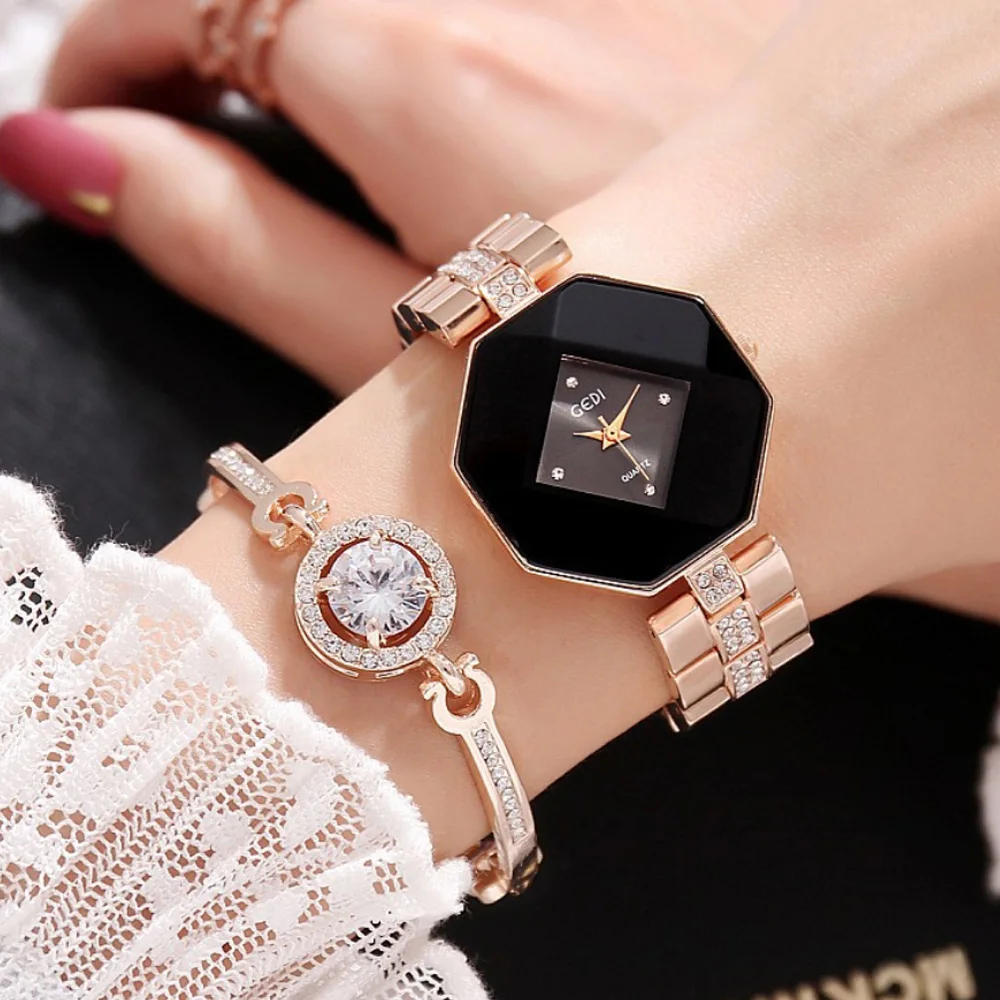 

Women Watches Fashion Diamond Glass Rhinestone Black White Rose Gold Steel Belt Set Female Quartz Waterproof Clock Reloj Mujer