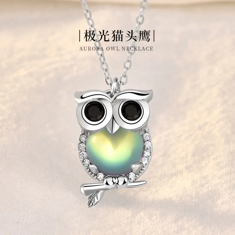 

Real 999 sterling silver owl necklace women fashion popular jewelry zircon Moonstone Pendant clavicle chain necklace 45CM