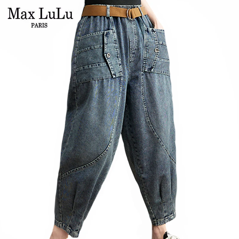 

Max LuLu 2021 European Style Design Ladies Blue Denim Trousers Womens Buttons Casual Jeans Girls Vintage Harem Pants Plus Size