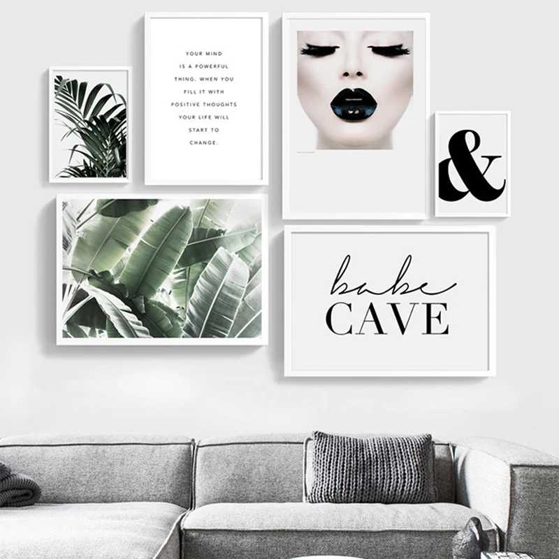 

Fashion Posters and Prints Leaves Plants Gallery Wall Art Decor Black Lips Canvas Painting Quotes Wall Picture for Living Room