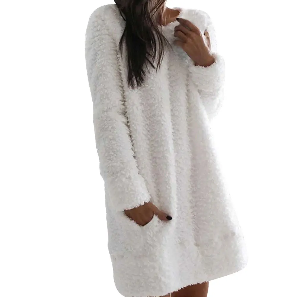 

Casual O Neck Women's Plush Dress Simple Straight Pocket Dress Female Midi Long Sleeve Solid Color Mini Dress Sweater Pullover