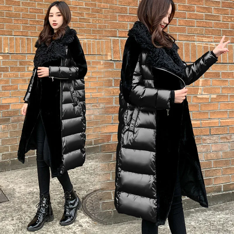 High-End Thicken Long Parkas Women Black Glossy Patchwork Lamb Hair White Duck Down Coat Silver Winter Warm Ladies Outwear New