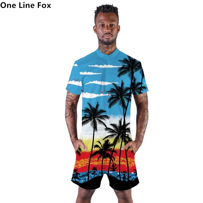 Мужской комбинезон карго OneLineFox повседневный Свободный с короткими рукавами и 3D