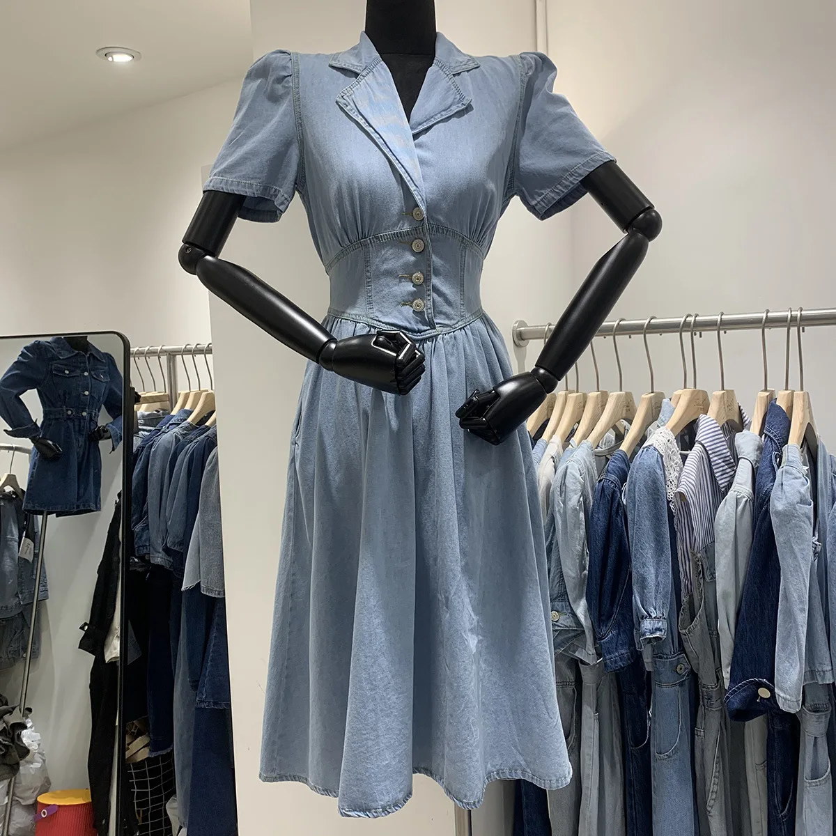 

Fashion lady short sleeves slim high waist denim long dress