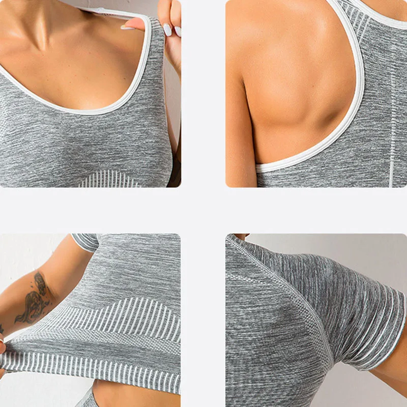 

NORMOV Fitness Crop Top Bra Sets Women Summer Sleeveless Slim Seamless Two-Piece Suit Female Elastic Push Up Shorts Workout Set