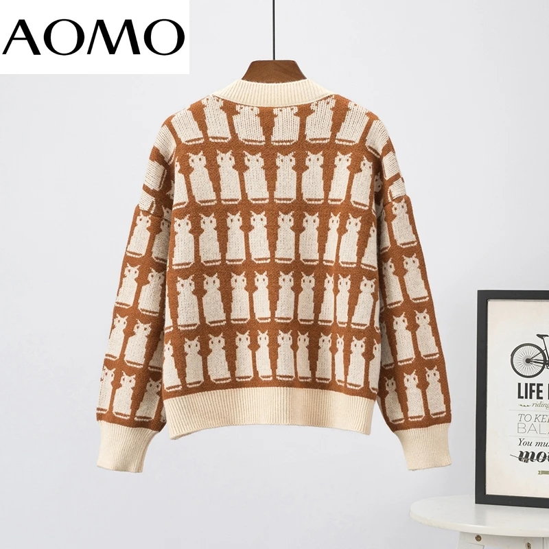 

AOMO 2021 Autumn Winter Women Cat Knitted Cardigan Sweater Jumper Button-up Female Tops 7A15A
