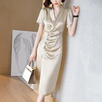 acetate dress women 2021 summer new slim v neck waist short sleeve pleated mid length one step dress korean dress