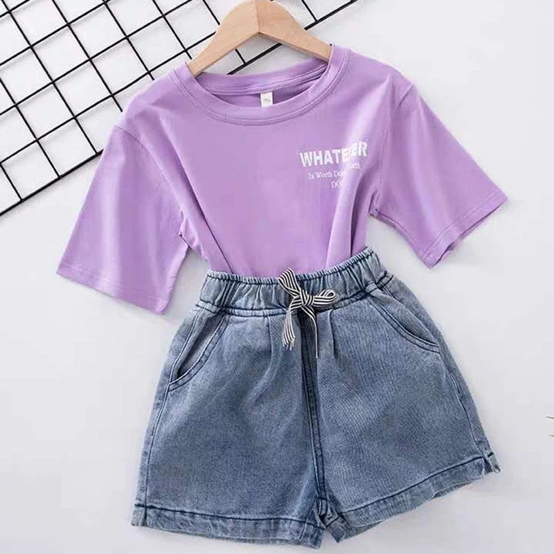 

White Cotton Girls Clothing T shirt + Denim Shorts Jeans Costume For Girls Teenage kids Children's Clothes 4 6 8 10 12 14 Years