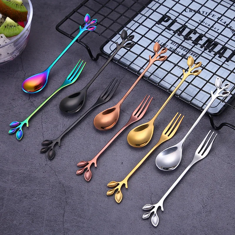 

Coffee Spoon 304 Stainless Steel Serving Spoon Branch Leaves Mini Spoon Fruit Fork 12cm Coffee Small Spoons 1/2/4/6/12 Pcs