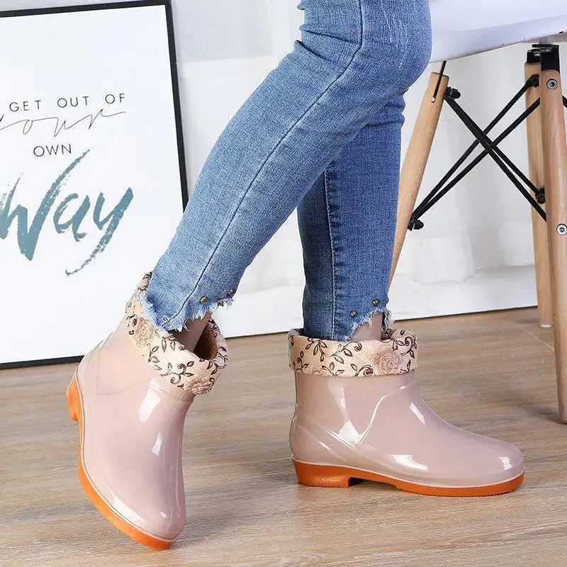 Резиновые ботильоны женская обувь для дождя женские галоши теплые ботинки