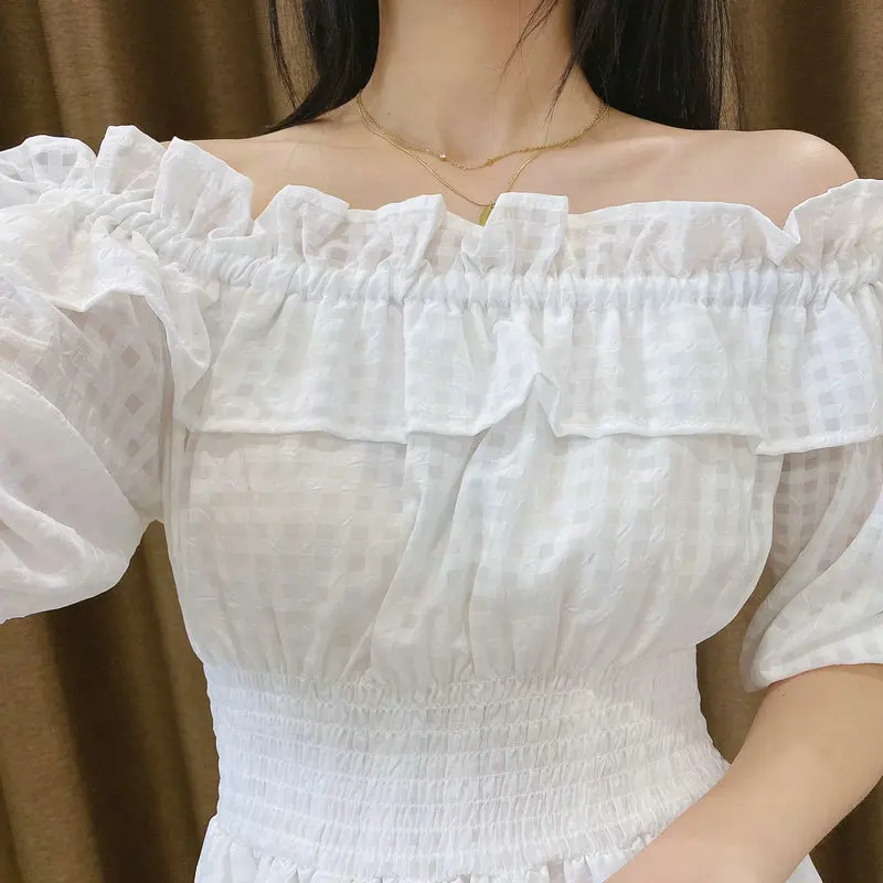 

Summer Women White Gingham Dresses Horizontal Neck Puff Short Sleeve Ruffle Hem Knee Length One Piece With Lining Robe Romantic