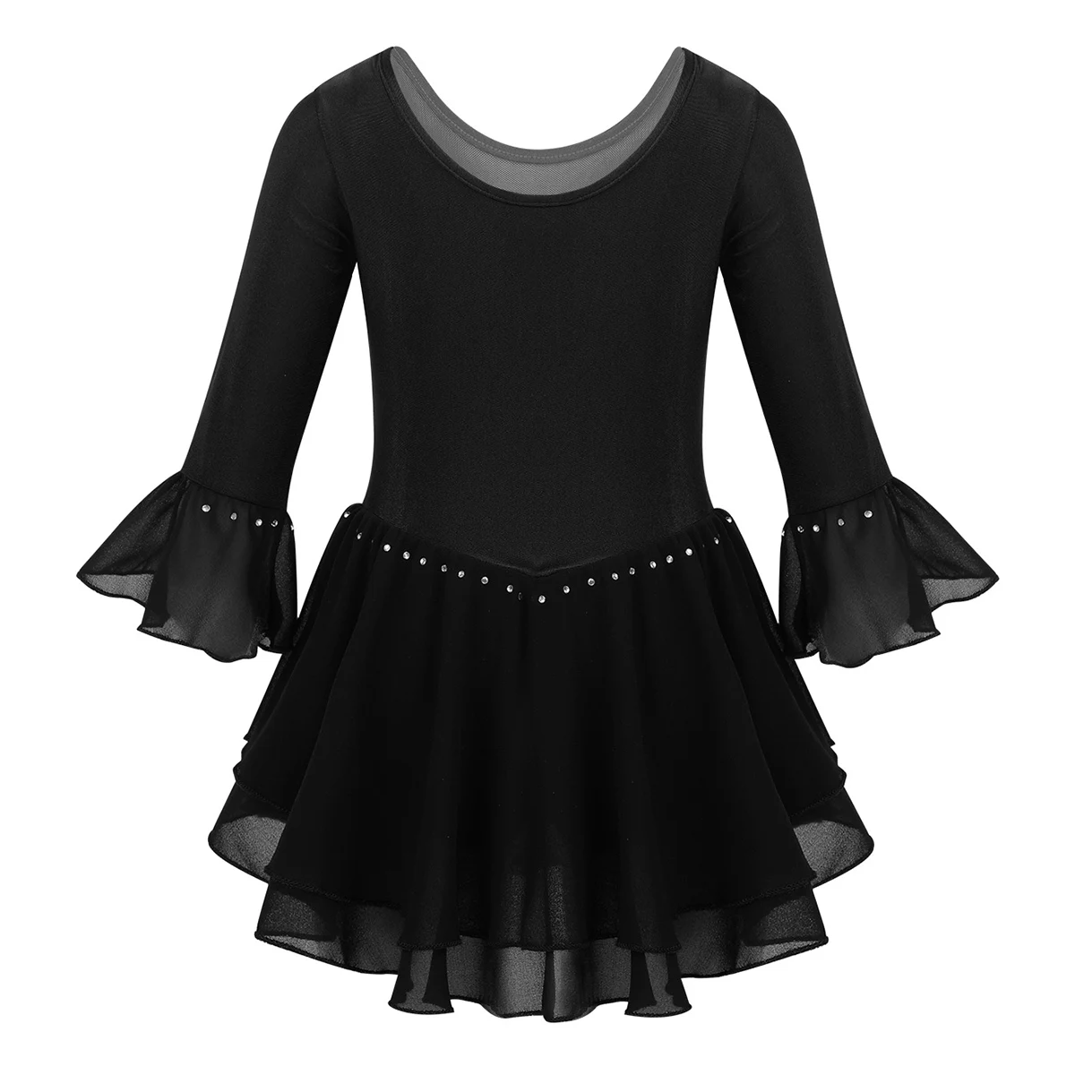 Блестящий сетчатый купальник с рукавами 3/4 для девочек стразы фигурного катания