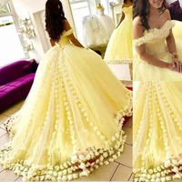 luxury 3d flowers ball gown princess dresses off shoulder court train prom gowns yellow dress formal vestidos de fiesta sweet 16