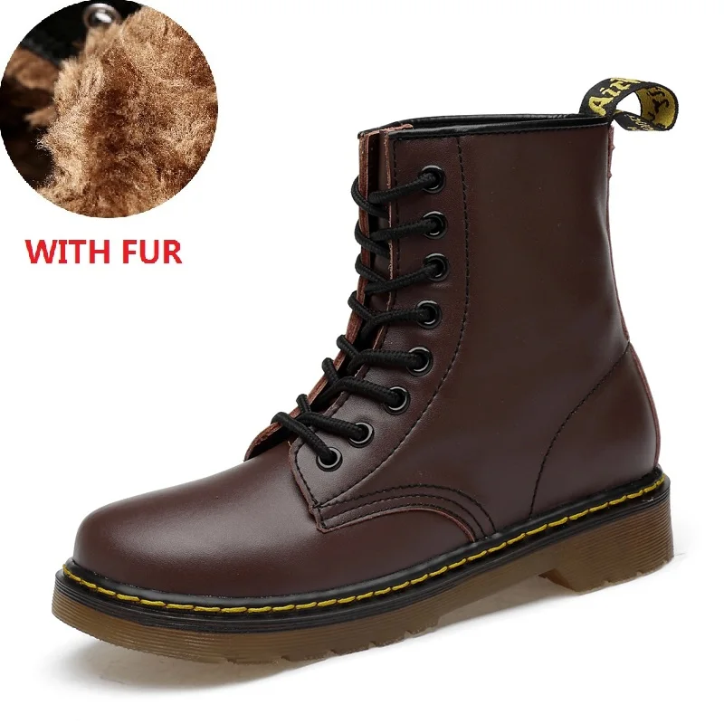 Brown with fur Dr/ Зимние Теплые ботильоны в байкерском стиле; женские Ботинки martin на меху; Высокая Водонепроницаемая женская обувь для взрослых; модная обувь - Цвет: Brown with fur