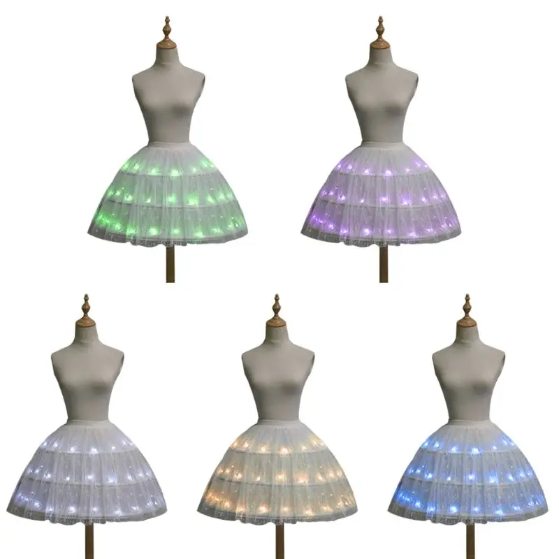 

Women Lolita Cosplay Tulle Skirt Adjustable LED Light Up Luminous Ballet Dance Short Dress 3 Steel Hoops Petticoat