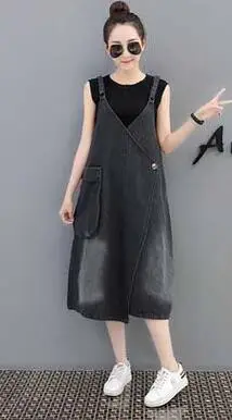 black B2135,, весна-осень, новинка, женское модное свободное платье большого размера, тонкое джинсовое платье на подтяжках с большим карманом, дешево - Цвет: black