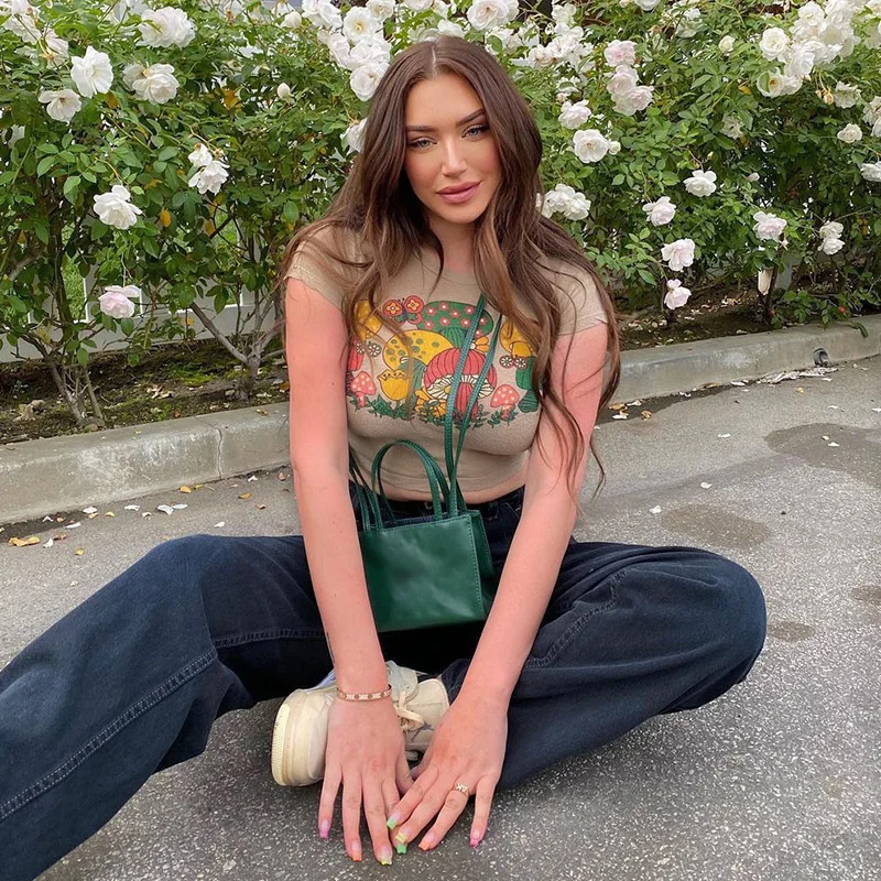 

Women Casual Short Sleeve O-Neck Crop Tops Slim Fit Cartoon Mushroom Print Female T-Shirts Summer Tops