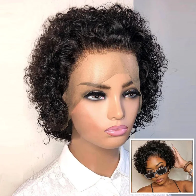 Short Curly Human Hair Wigs Pixie Cut Wig  Cheap Human Hair Wig 13X1 Transparent Lace Wig For Women Human Wigs Water Wave Hair