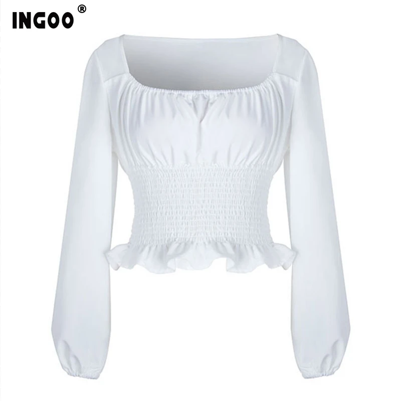 Женский шифоновый топ с оборками и завышенной талией длинным рукавом