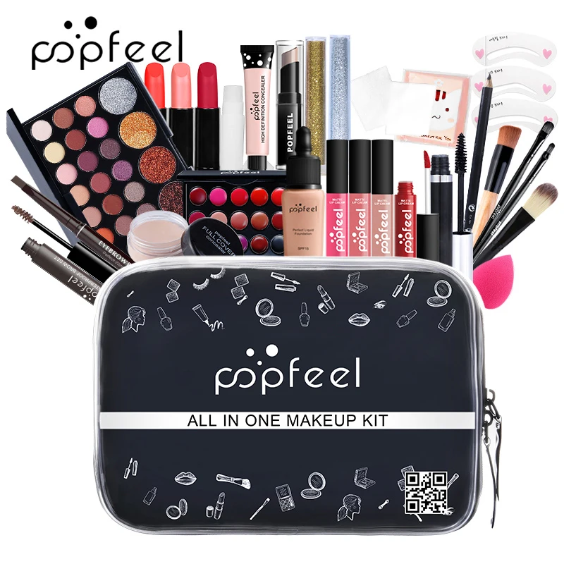 

POPFEEL ALL IN ONE Makeup Kit Eyeshadow Eyeliner Foundation Cream Concealer Lipstick Brush Makeup Set With Cosmetic Bag