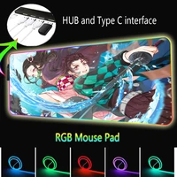 anime mouse pad demon killer rgb with usb interface hub four led backlit notebook office mouse pad xxl gaming keyboard desk mat