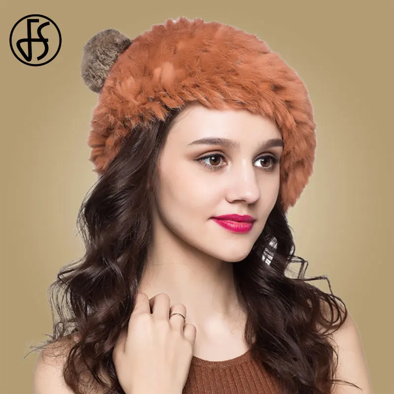 Женский шерстяной вязаный берет FS теплая шапка с помпоном из кроличьего меха