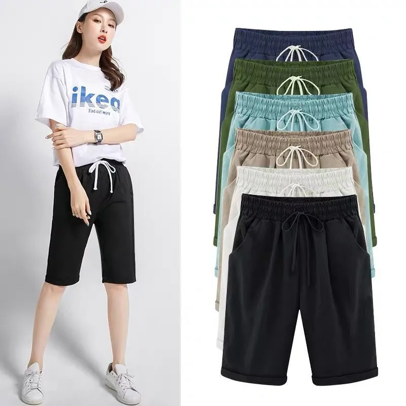 Хлопковые льняные брюки до колена размера плюс 7XL летние прямые карамельных